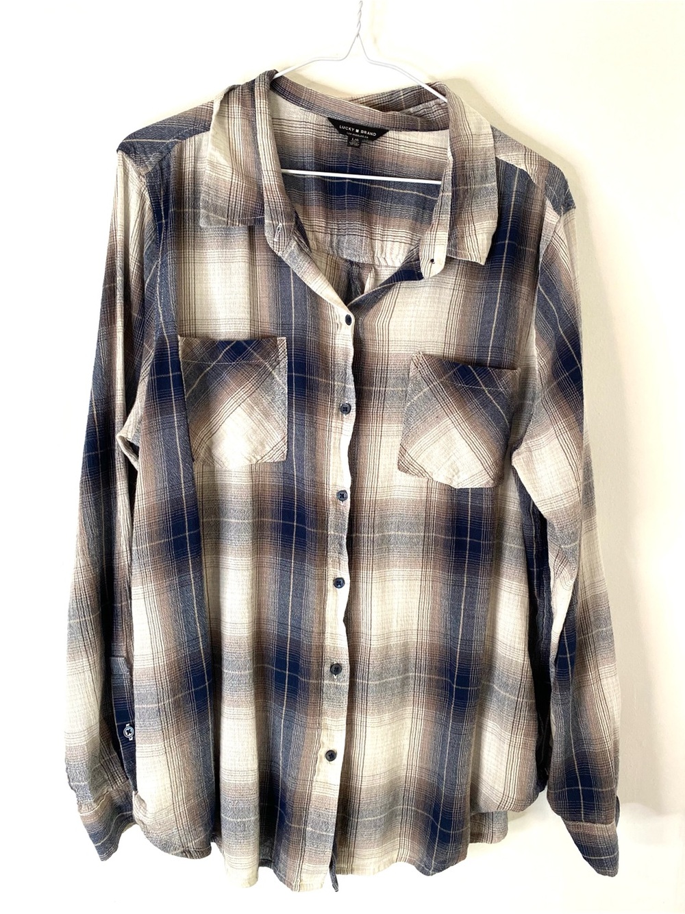 Lucky Brand Plaid Boyfriend Button Down Shirt Navy Cream Brown Oversized